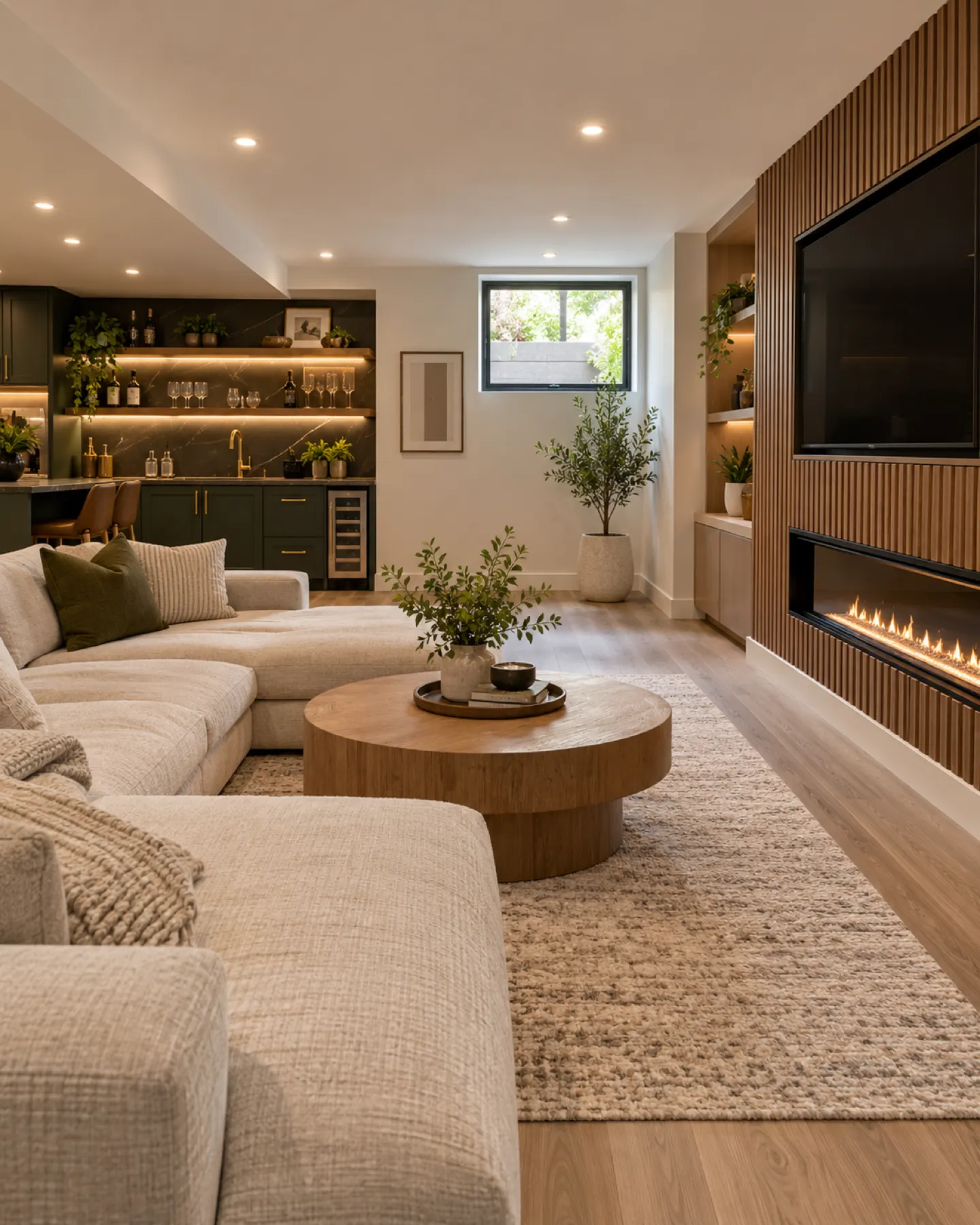Finished basement with a fluted oak media wall, linear fireplace and green wet bar