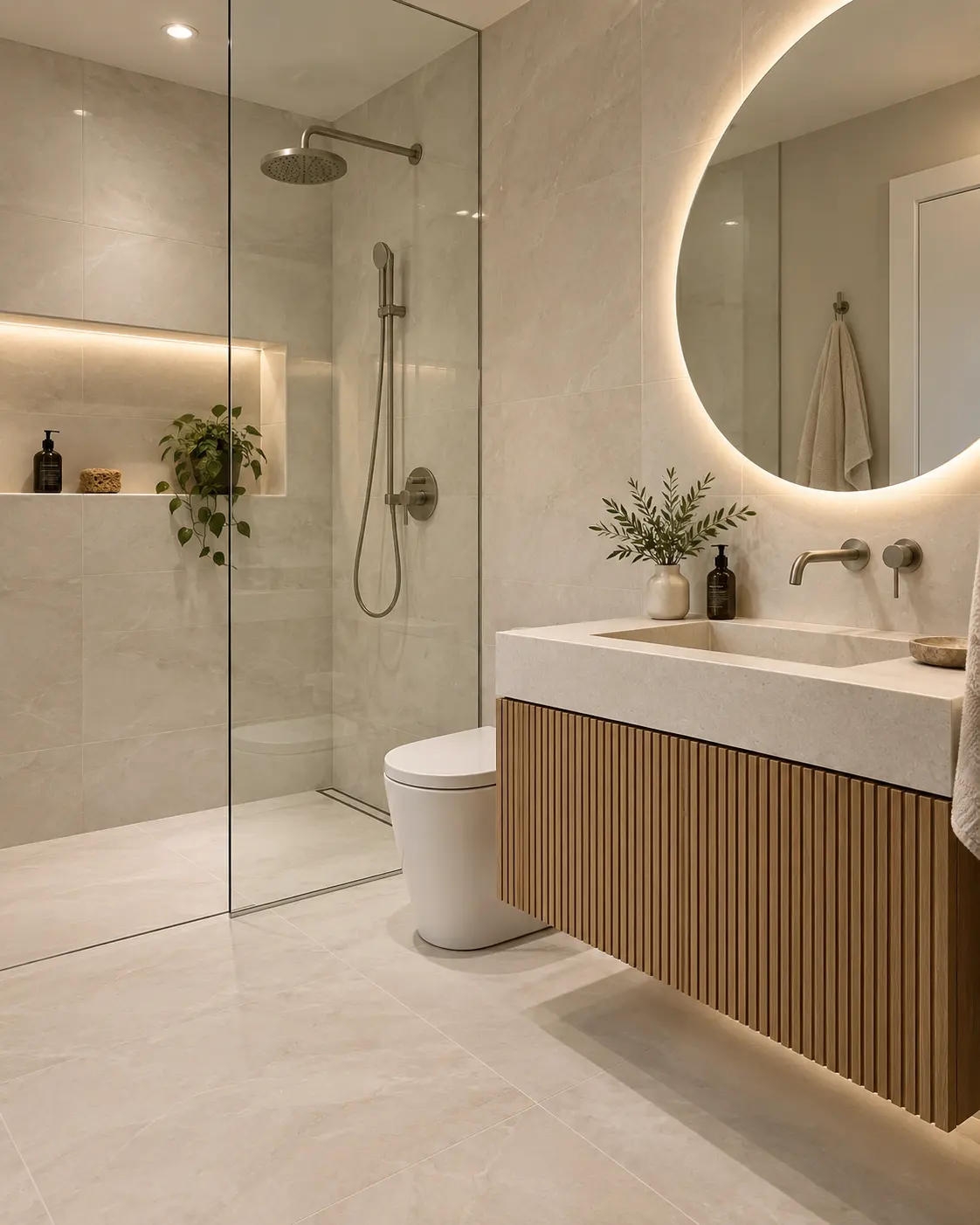 Condo ensuite with a curbless shower, fluted oak vanity and backlit mirror