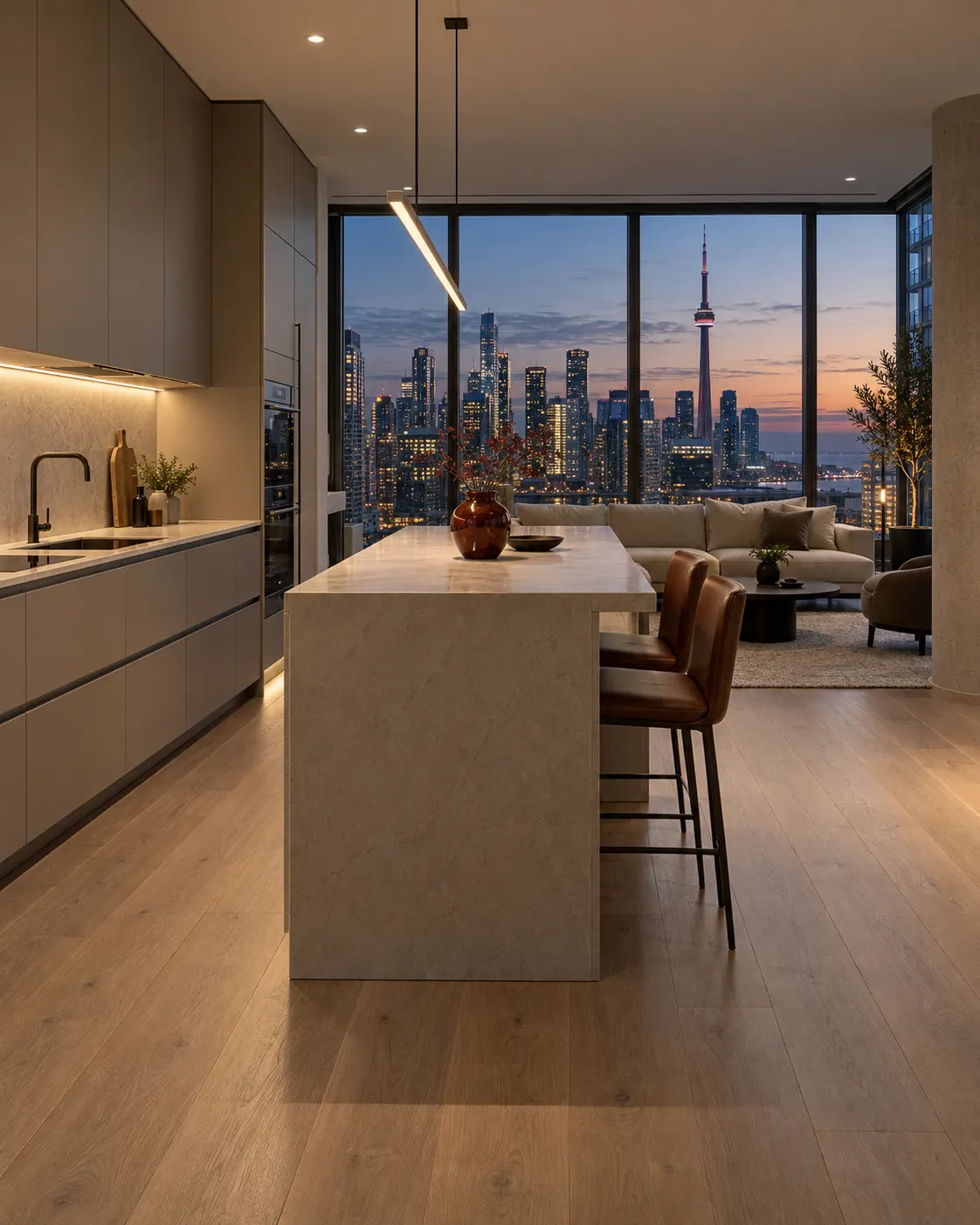 Condo kitchen with flat-panel cabinets and a Toronto skyline view at dusk