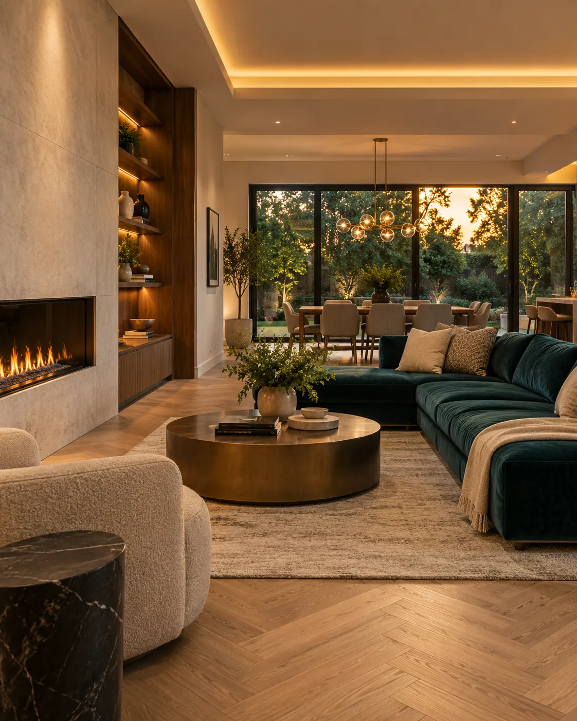 Open-concept main floor with a limestone fireplace, walnut millwork and herringbone oak floors