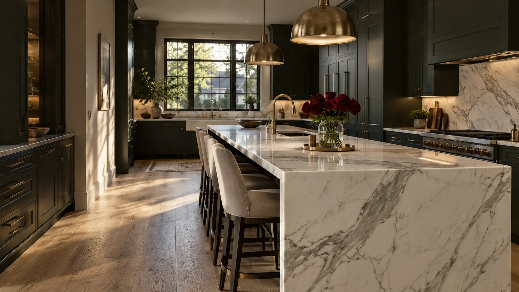 Finished kitchen with a Calacatta waterfall island and green-black cabinetry