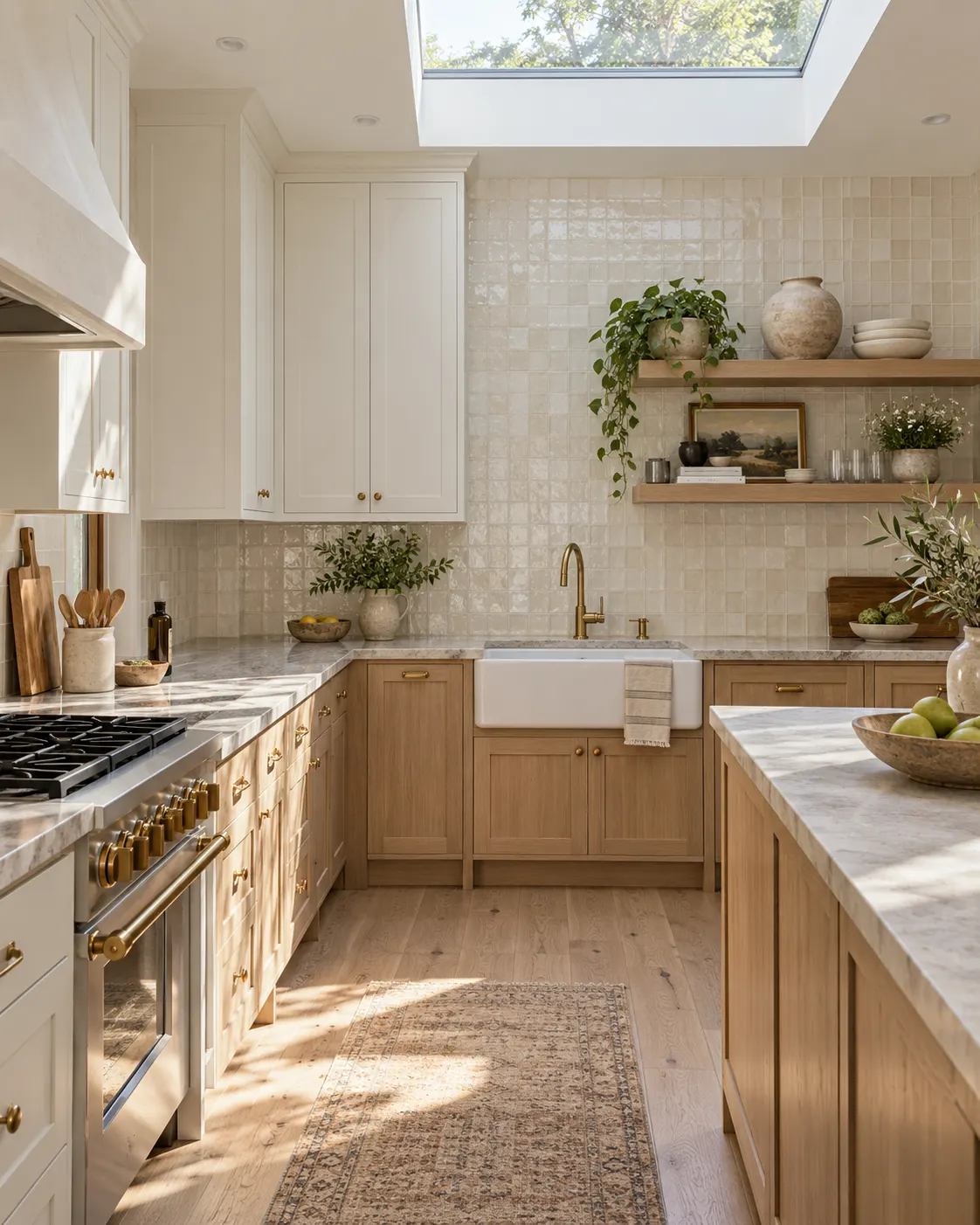 Finished kitchen with oak cabinetry, zellige tile and brass fixtures