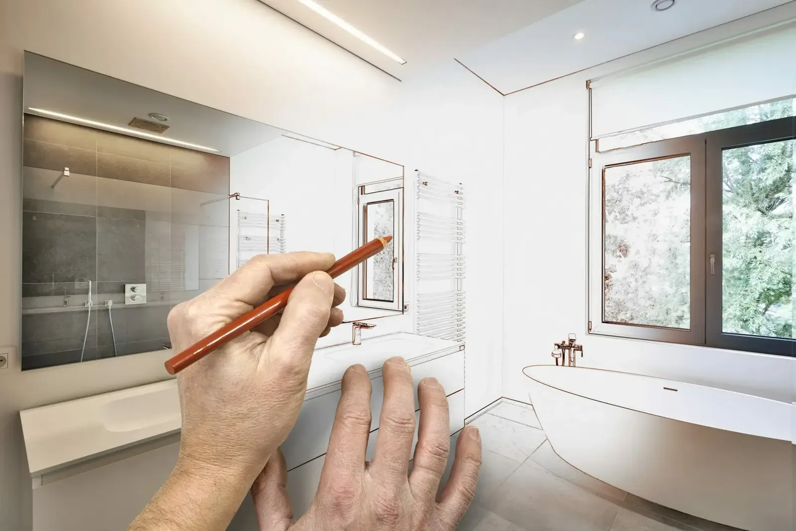 Designer sketching over a bathroom rendering